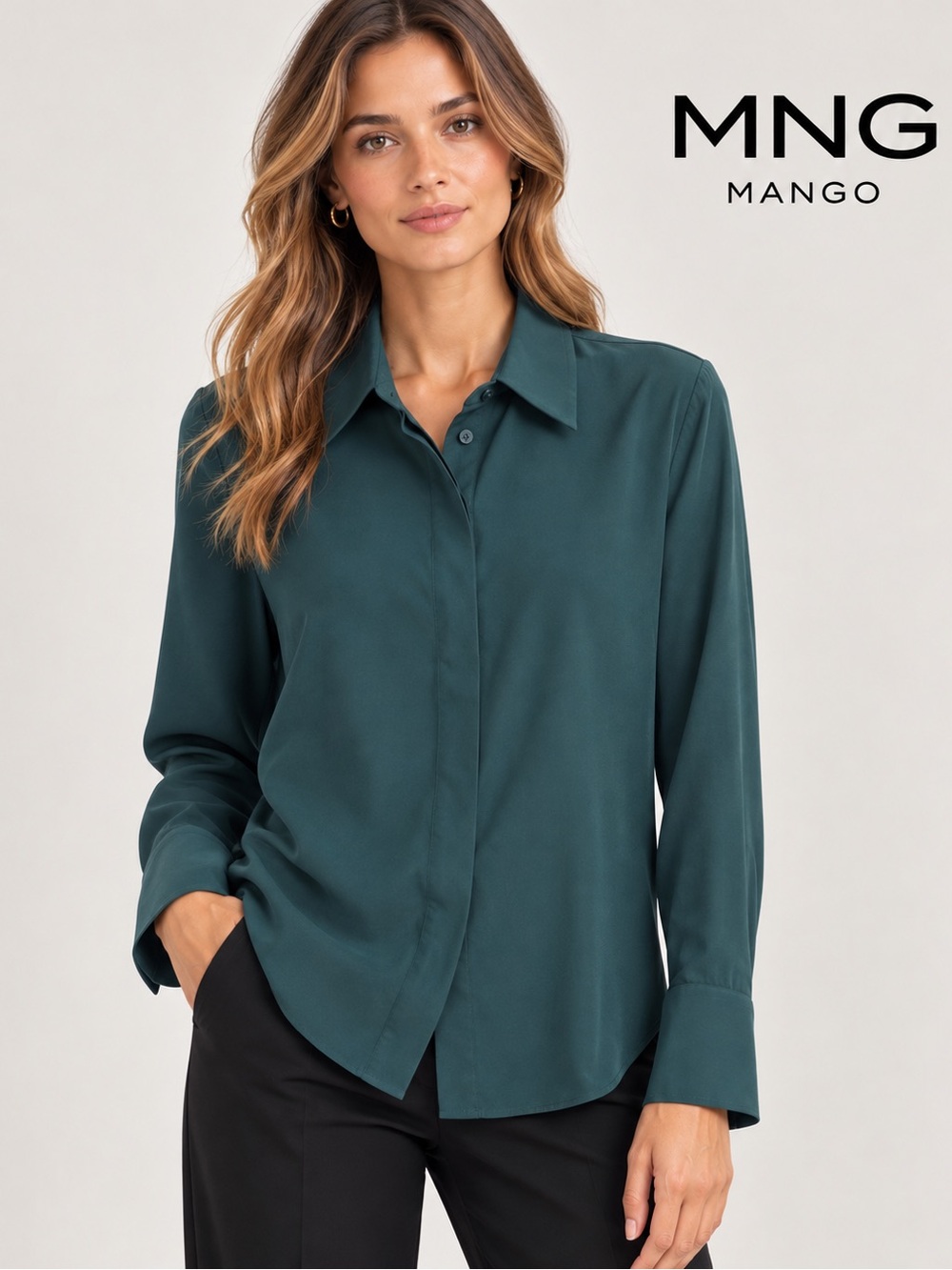 MNG Mango Teal Green Long Sleeve Button Down Blouse